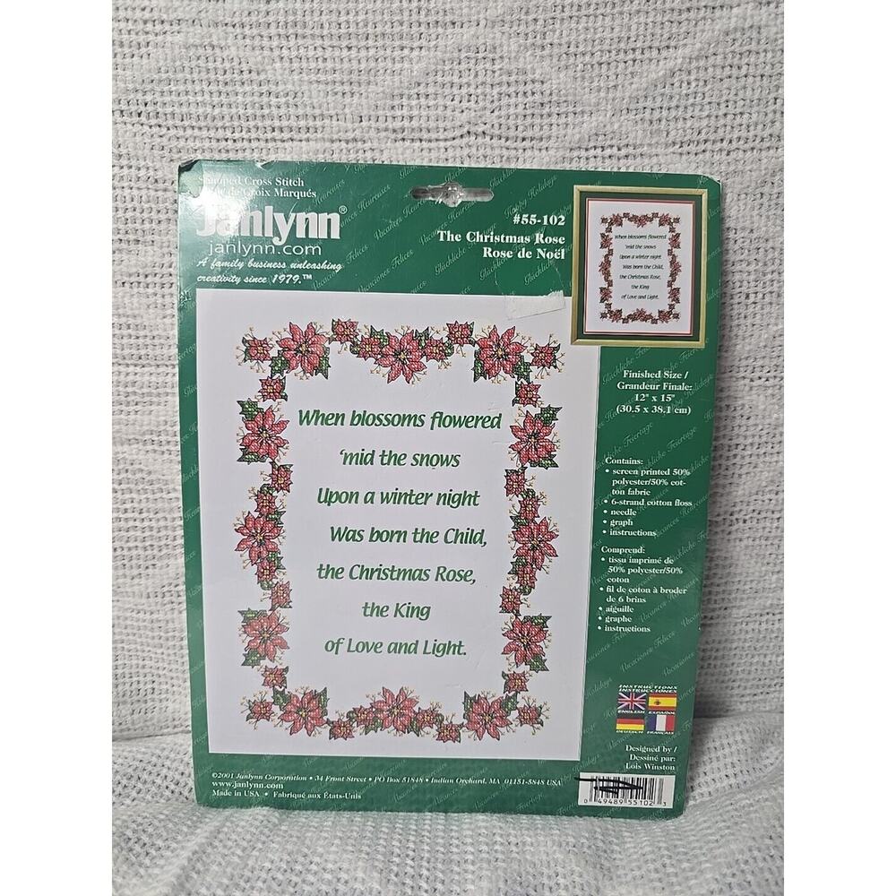 2001 Janlynn Stamped Cross Stitch Kit The Christmas Rose 12x15